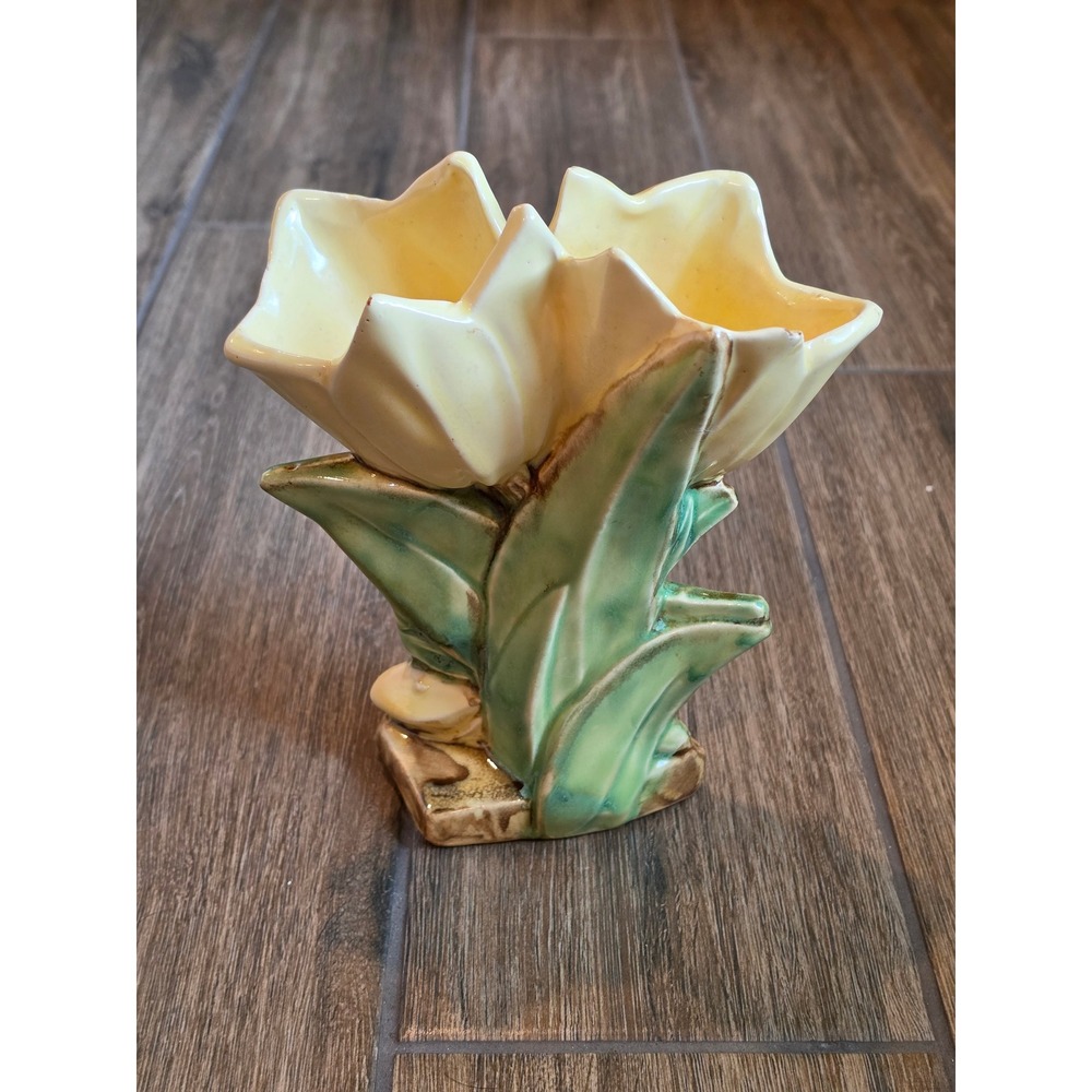 Vintage McCoy Pottery Double Tulip Vase Yellow Green Glaze Made in USA 7.25 Inch